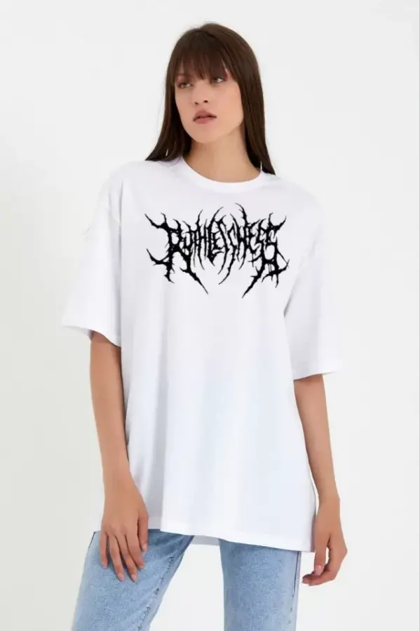 Unisex Bisiklet Yaka Baskılı Oversize T-Shirt - Beyaz - 1