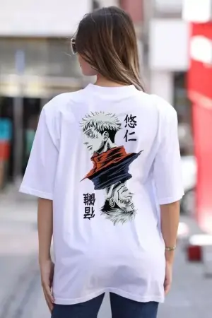 Unisex Bisiklet Yaka Baskılı Oversize T-Shirt - Beyaz - ANGELINO BuyukBedeniz (1)