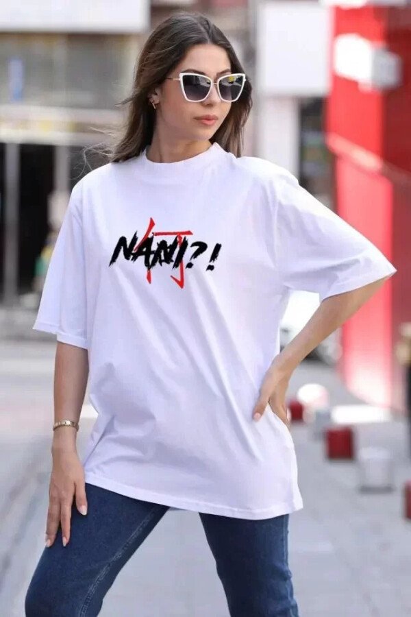 Unisex Bisiklet Yaka Baskılı Oversize T-Shirt - Beyaz - ANGELINO BuyukBedeniz