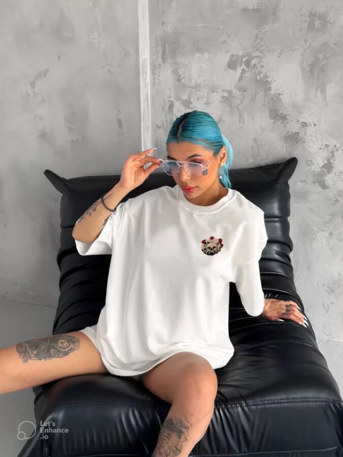 Unisex Bisiklet Yaka Baskılı Oversize T-Shirt - Beyaz - ANGELINO BuyukBedeniz