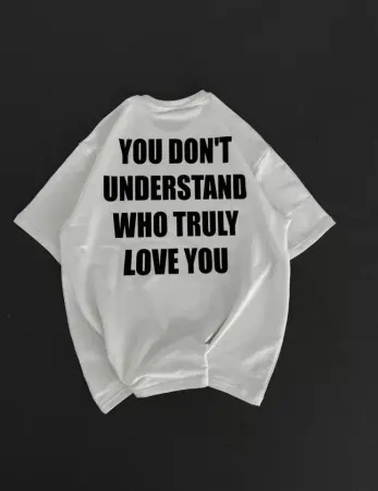 Unisex Bisiklet Yaka Baskılı Oversize T-Shirt - Beyaz - ANGELINO BuyukBedeniz (1)