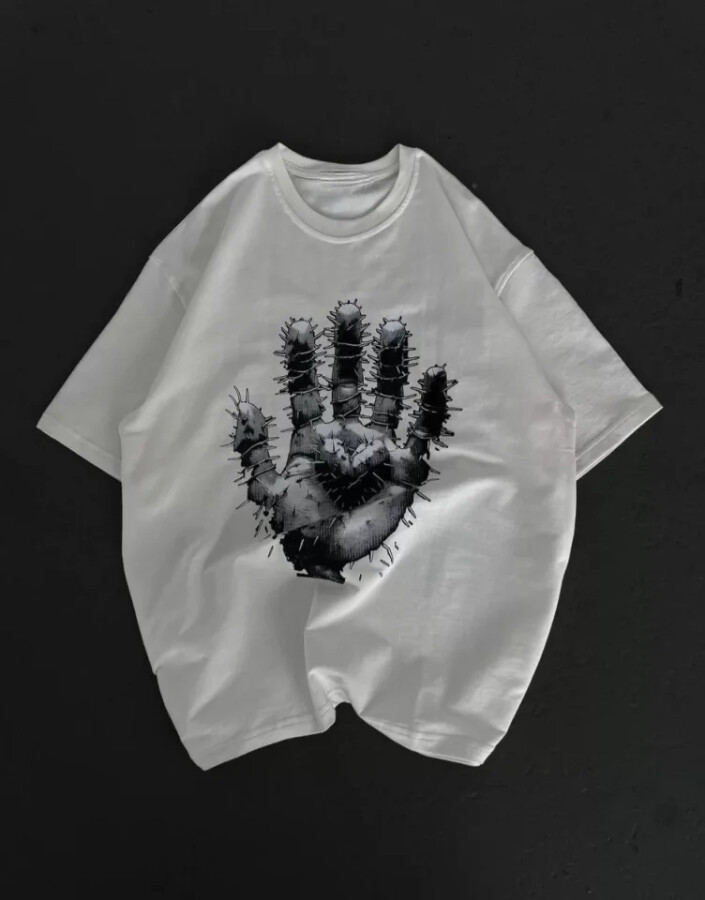 Unisex Bisiklet Yaka Baskılı Oversize T-Shirt - Beyaz - ANGELINO BuyukBedeniz