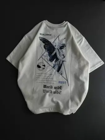 Unisex Bisiklet Yaka Baskılı Oversize T-Shirt - Beyaz - ANGELINO BuyukBedeniz (1)