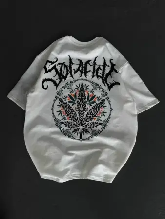 Unisex Bisiklet Yaka Baskılı Oversize T-Shirt - Beyaz - ANGELINO BuyukBedeniz (1)