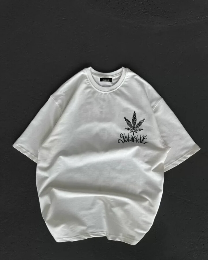 Unisex Bisiklet Yaka Baskılı Oversize T-Shirt - Beyaz - ANGELINO BuyukBedeniz