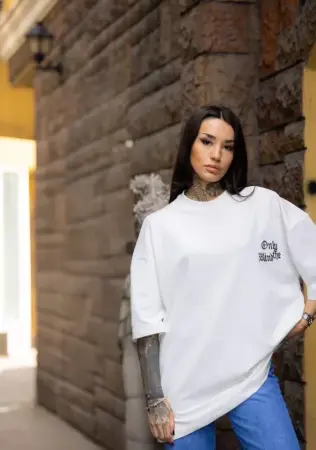 Unisex Bisiklet Yaka Baskılı Oversize T-Shirt - Beyaz - ANGELINO BuyukBedeniz (1)