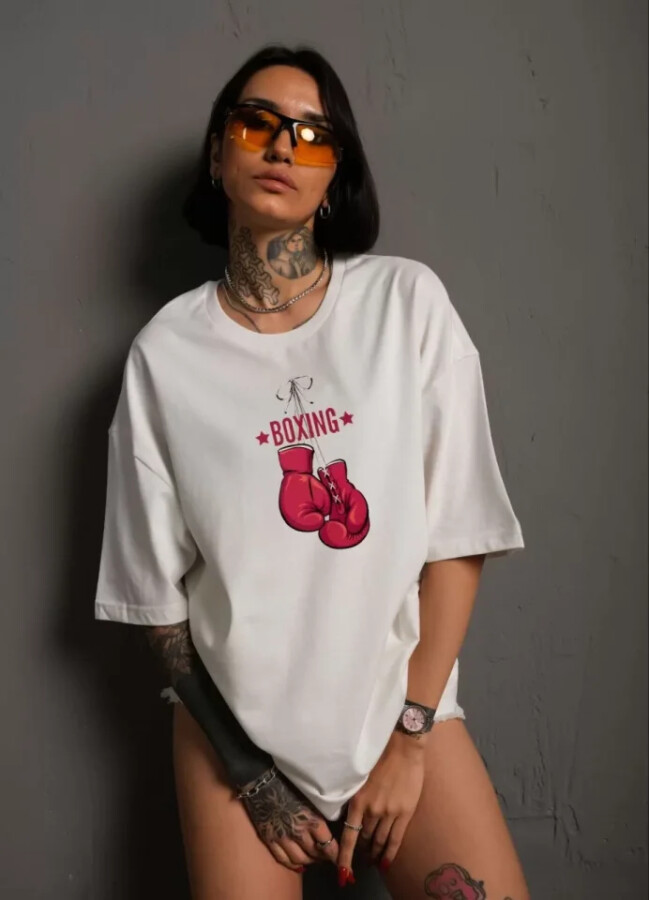 Unisex Bisiklet Yaka Baskılı Oversize T-Shirt - Beyaz - ANGELINO BuyukBedeniz