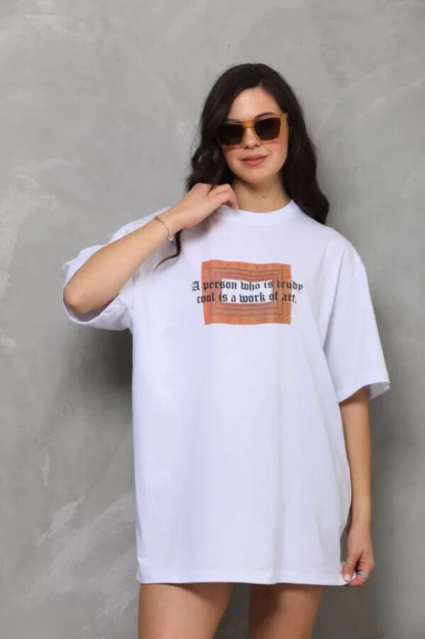 Unisex Bisiklet Yaka Baskılı Oversize T-Shirt - Beyaz - ANGELINO BuyukBedeniz