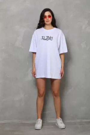 Unisex Bisiklet Yaka Baskılı Oversize T-Shirt - Beyaz - 3