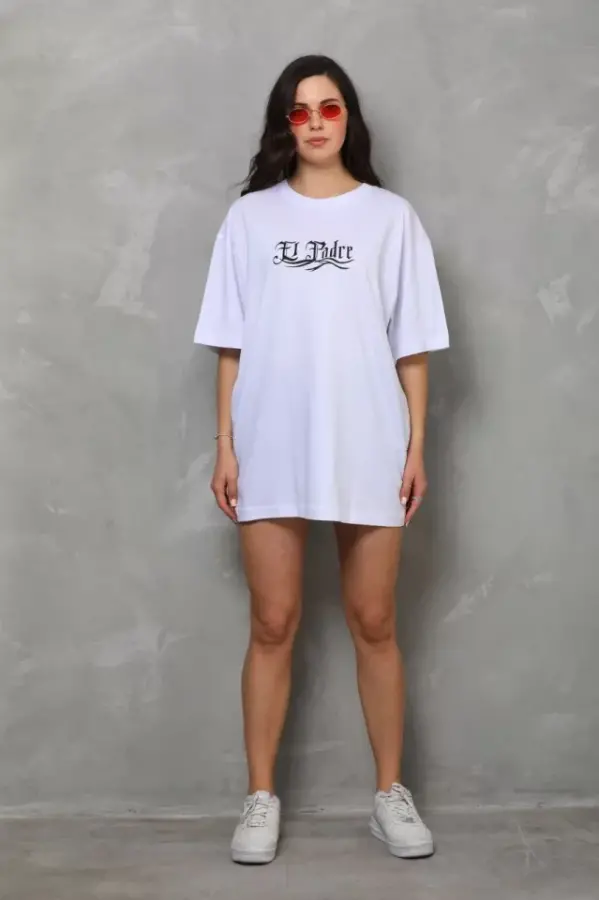 Unisex Bisiklet Yaka Baskılı Oversize T-Shirt - Beyaz - 3