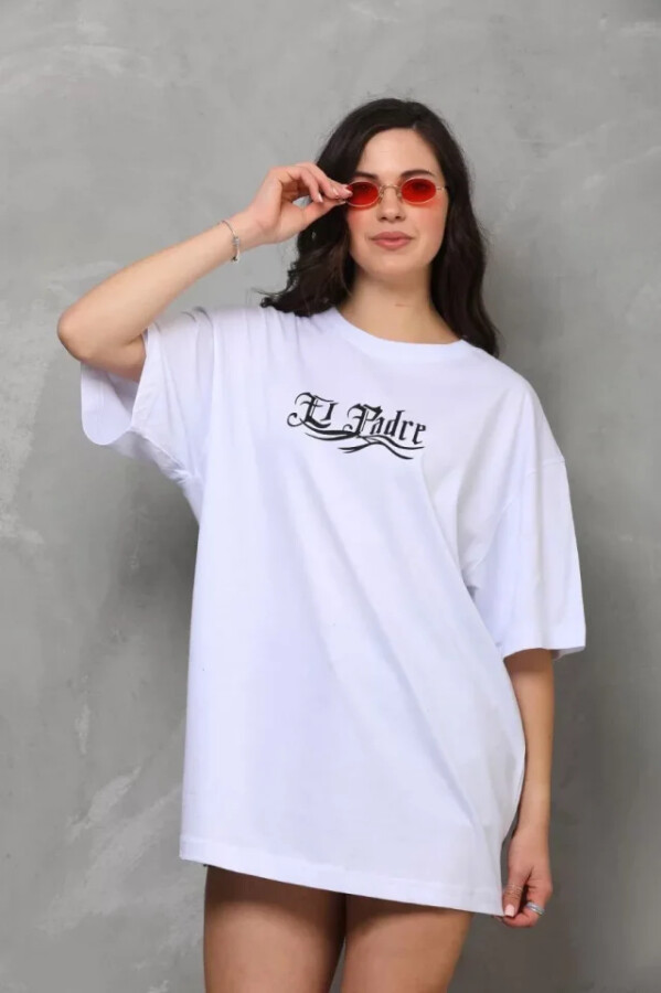 Unisex Bisiklet Yaka Baskılı Oversize T-Shirt - Beyaz - ANGELINO BuyukBedeniz