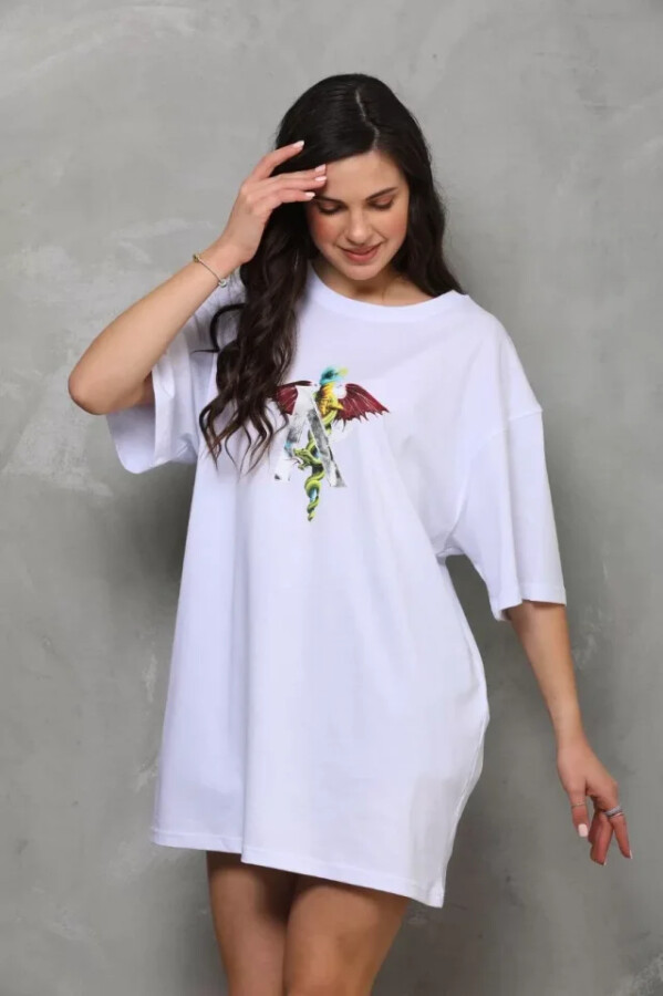 Unisex Bisiklet Yaka Baskılı Oversize T-Shirt - Beyaz - ANGELINO BuyukBedeniz