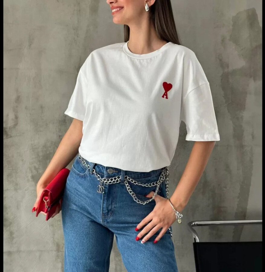 Unisex Bisiklet Yaka Baskılı Oversize T-Shirt - Beyaz - ANGELINO BuyukBedeniz