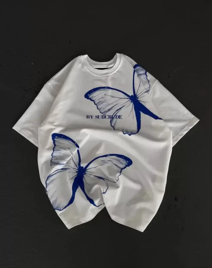 Unisex Bisiklet Yaka Baskılı Oversize T-Shirt - Beyaz - 1