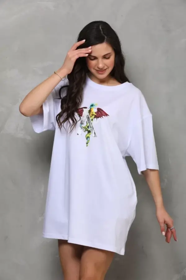 Unisex Bisiklet Yaka Baskılı Oversize T-Shirt - Beyaz - 6