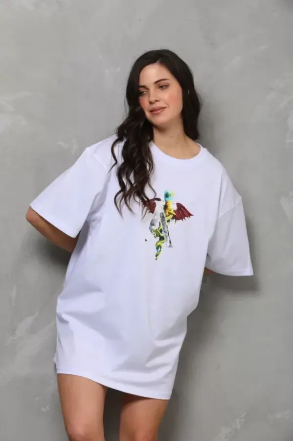 Unisex Bisiklet Yaka Baskılı Oversize T-Shirt - Beyaz - 7