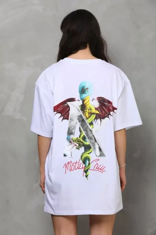 Unisex Bisiklet Yaka Baskılı Oversize T-Shirt - Beyaz - 8