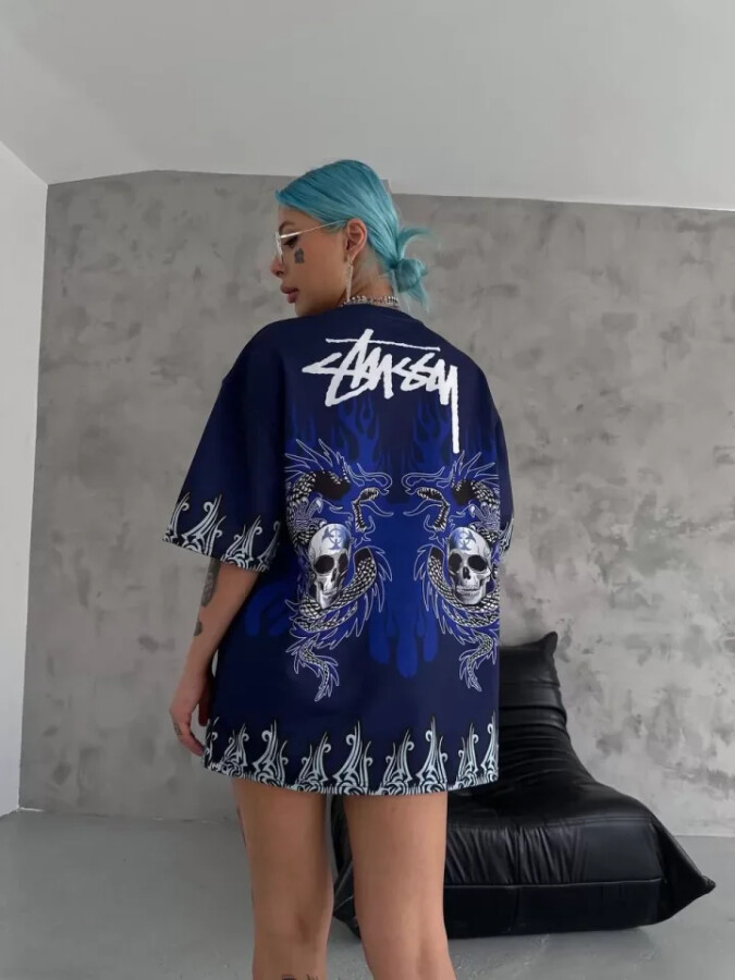 Unisex Bisiklet Yaka Baskılı Oversize T-Shirt - Lacivert - ANGELINO BuyukBedeniz