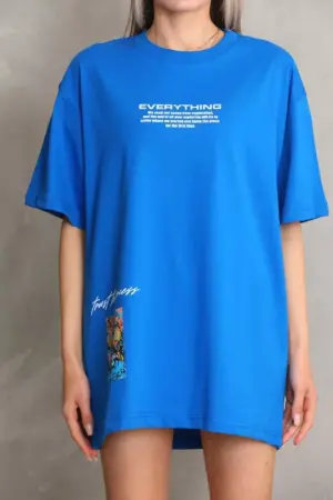 Unisex Bisiklet Yaka Baskılı Oversize T-Shirt - Mavi - ANGELINO BuyukBedeniz (1)