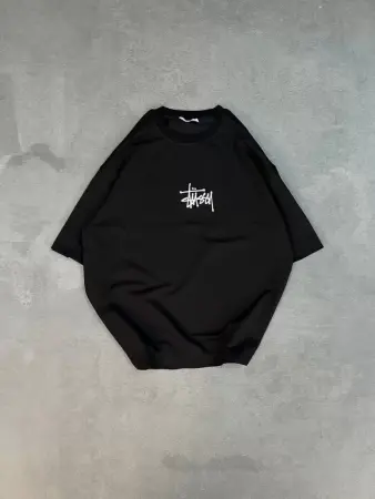 Unisex Bisiklet Yaka Baskılı Oversize T-Shirt - Siyah - 1