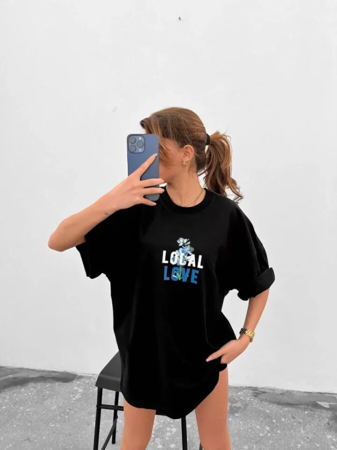 Unisex Bisiklet Yaka Baskılı Oversize T-Shirt - Siyah - ANGELINO BuyukBedeniz