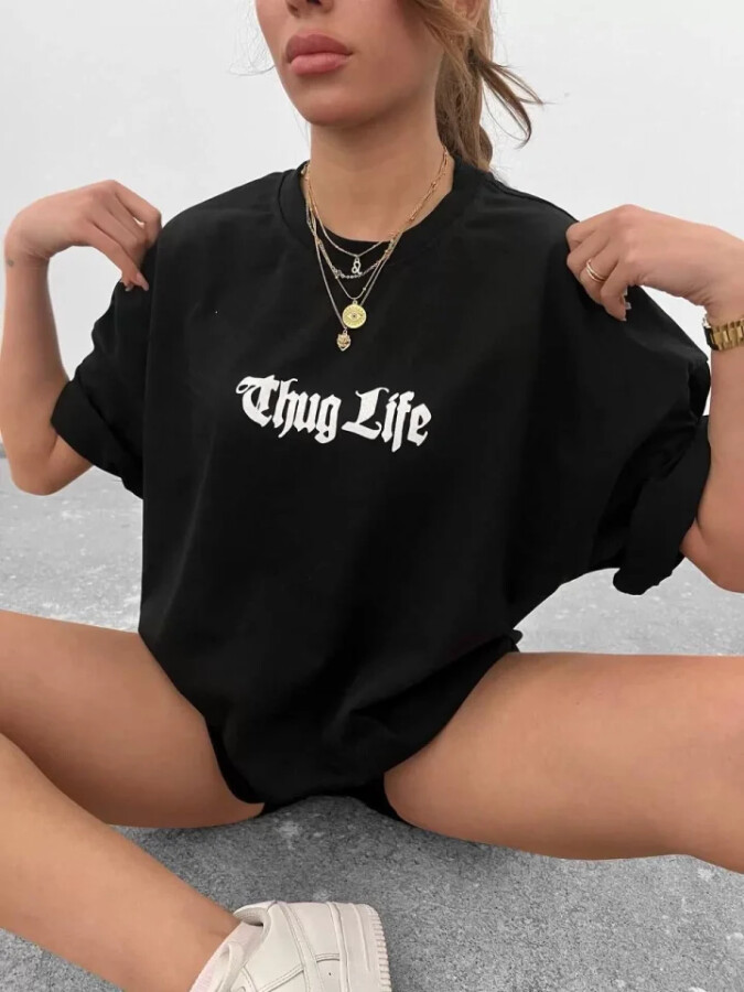 Unisex Bisiklet Yaka Baskılı Oversize T-Shirt - Siyah - ANGELINO BuyukBedeniz