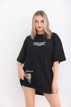 Unisex Bisiklet Yaka Baskılı Oversize T-Shirt - Siyah - 1