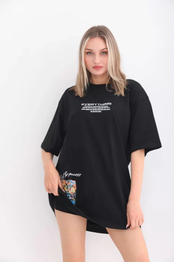 Unisex Bisiklet Yaka Baskılı Oversize T-Shirt - Siyah - ANGELINO BuyukBedeniz