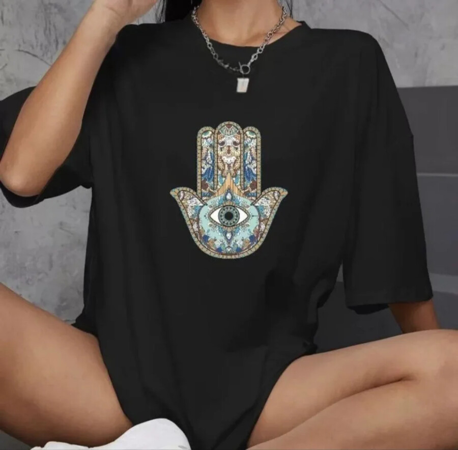Unisex Bisiklet Yaka Baskılı Oversize T-Shirt - Siyah - ANGELINO BuyukBedeniz