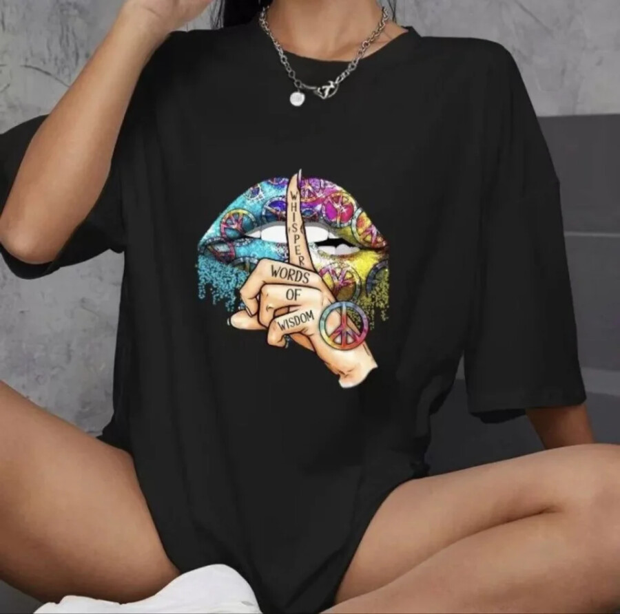 Unisex Bisiklet Yaka Baskılı Oversize T-Shirt - Siyah - ANGELINO BuyukBedeniz