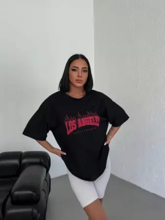 Unisex Bisiklet Yaka Baskılı Oversize T-Shirt - Siyah - 1