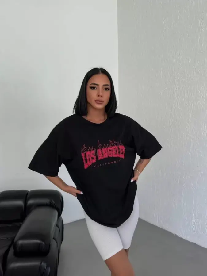 Unisex Bisiklet Yaka Baskılı Oversize T-Shirt - Siyah - 1
