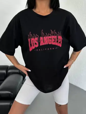 Unisex Bisiklet Yaka Baskılı Oversize T-Shirt - Siyah - 4