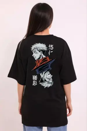 Unisex Bisiklet Yaka Baskılı Oversize T-Shirt - Siyah - ANGELINO BuyukBedeniz (1)