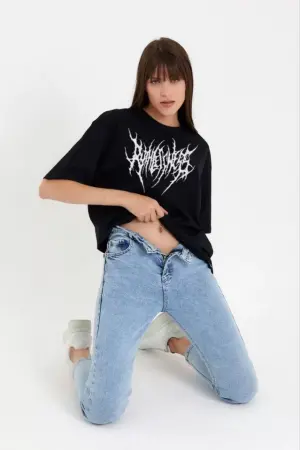 Unisex Bisiklet Yaka Baskılı Oversize T-Shirt - Siyah - ANGELINO BuyukBedeniz (1)