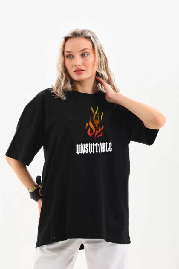 Unisex Bisiklet Yaka Baskılı Oversize T-Shirt - Siyah - ANGELINO BuyukBedeniz