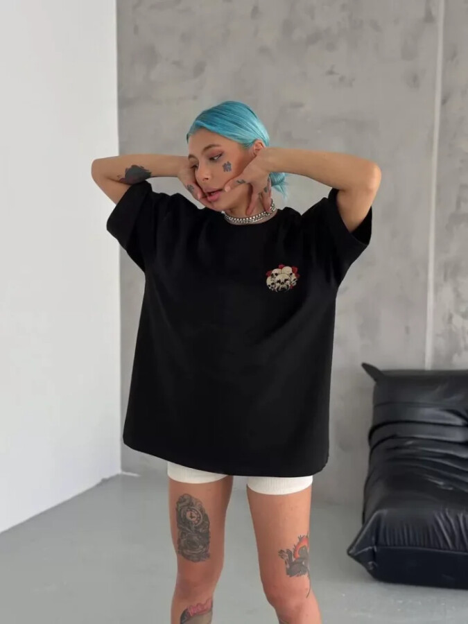 Unisex Bisiklet Yaka Baskılı Oversize T-Shirt - Siyah - ANGELINO BuyukBedeniz