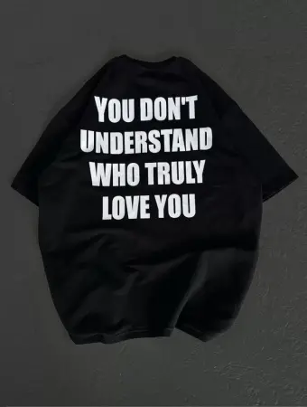 Unisex Bisiklet Yaka Baskılı Oversize T-Shirt - Siyah - ANGELINO BuyukBedeniz (1)