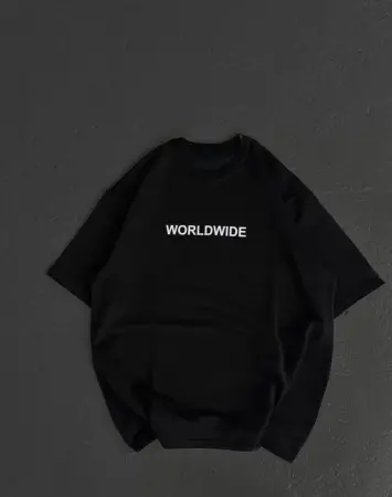 Unisex Bisiklet Yaka Baskılı Oversize T-Shirt - Siyah - 1