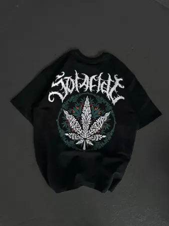 Unisex Bisiklet Yaka Baskılı Oversize T-Shirt - Siyah - ANGELINO BuyukBedeniz (1)