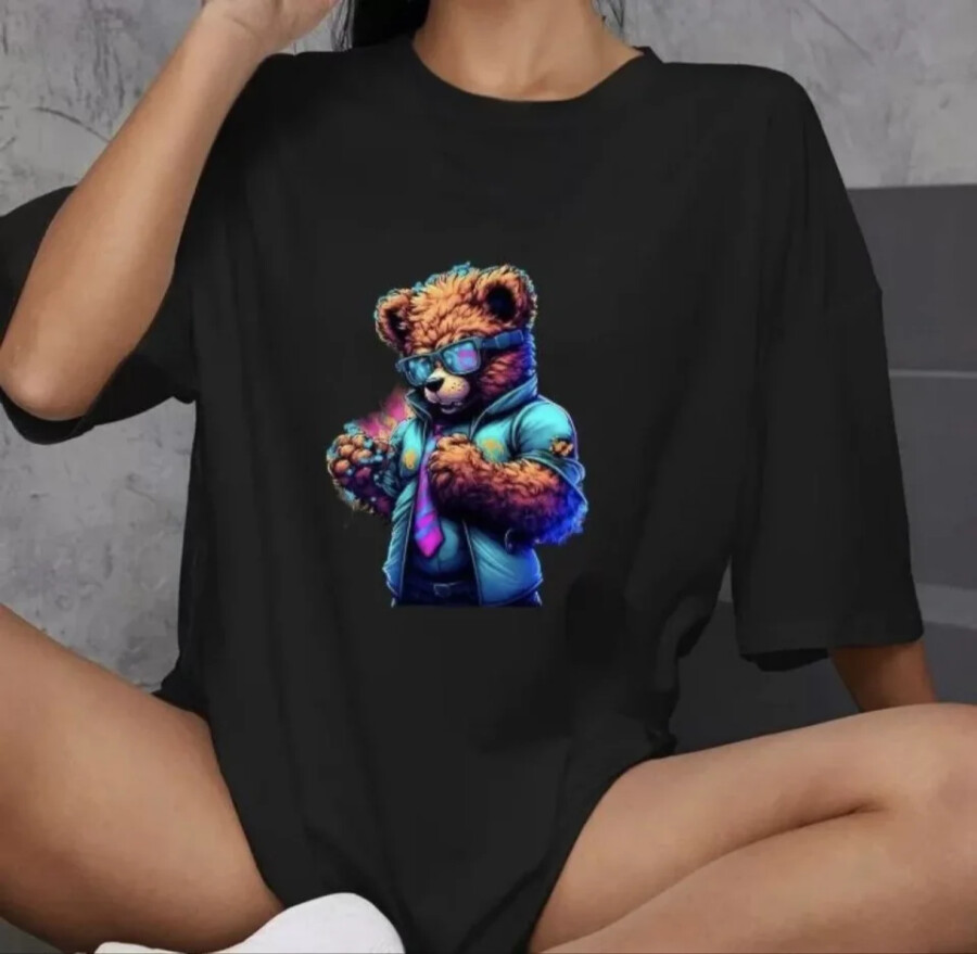 Unisex Bisiklet Yaka Baskılı Oversize T-Shirt - Siyah - ANGELINO BuyukBedeniz