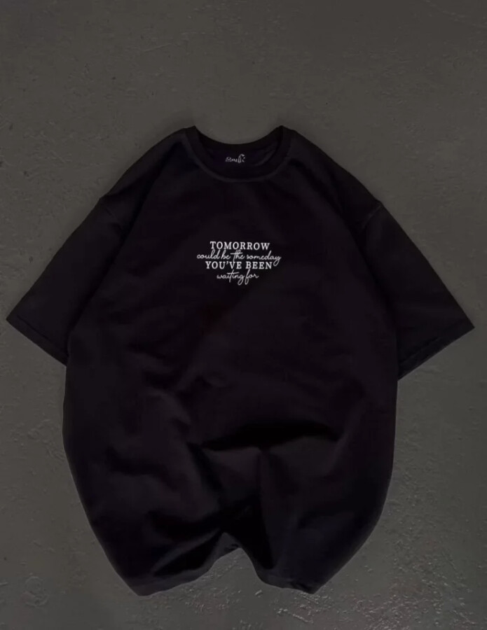 Unisex Bisiklet Yaka Baskılı Oversize T-Shirt - Siyah - ANGELINO BuyukBedeniz