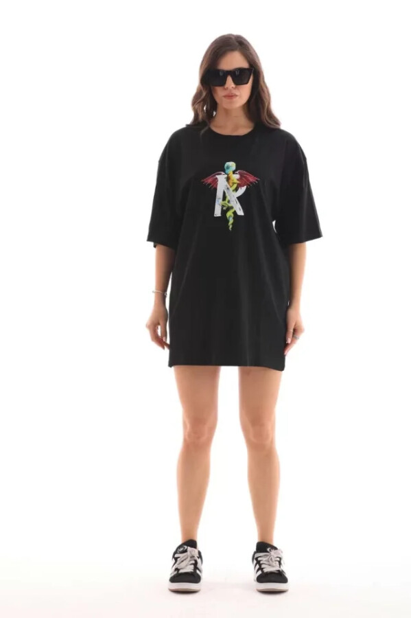 Unisex Bisiklet Yaka Baskılı Oversize T-Shirt - Siyah - ANGELINO BuyukBedeniz