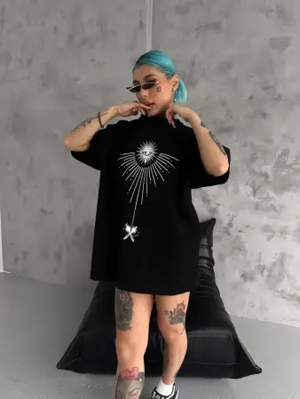 Unisex Bisiklet Yaka Baskılı Oversize T-Shirt - Siyah - 2