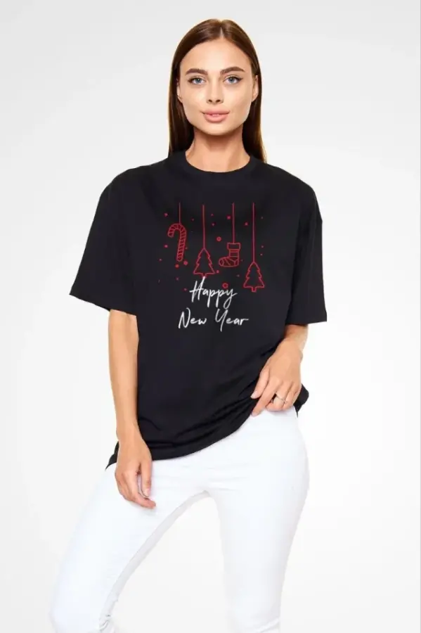 Unisex Bisiklet Yaka Baskılı Oversize T-Shirt - Siyah - 1