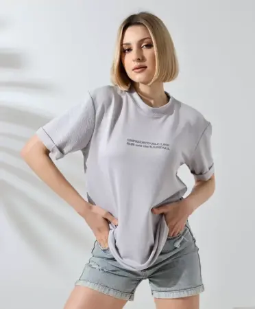 Unisex Bisiklet Yaka Baskılı Slim Fit T-Shirt - Boyalı Gri - ANGELINO BuyukBedeniz (1)