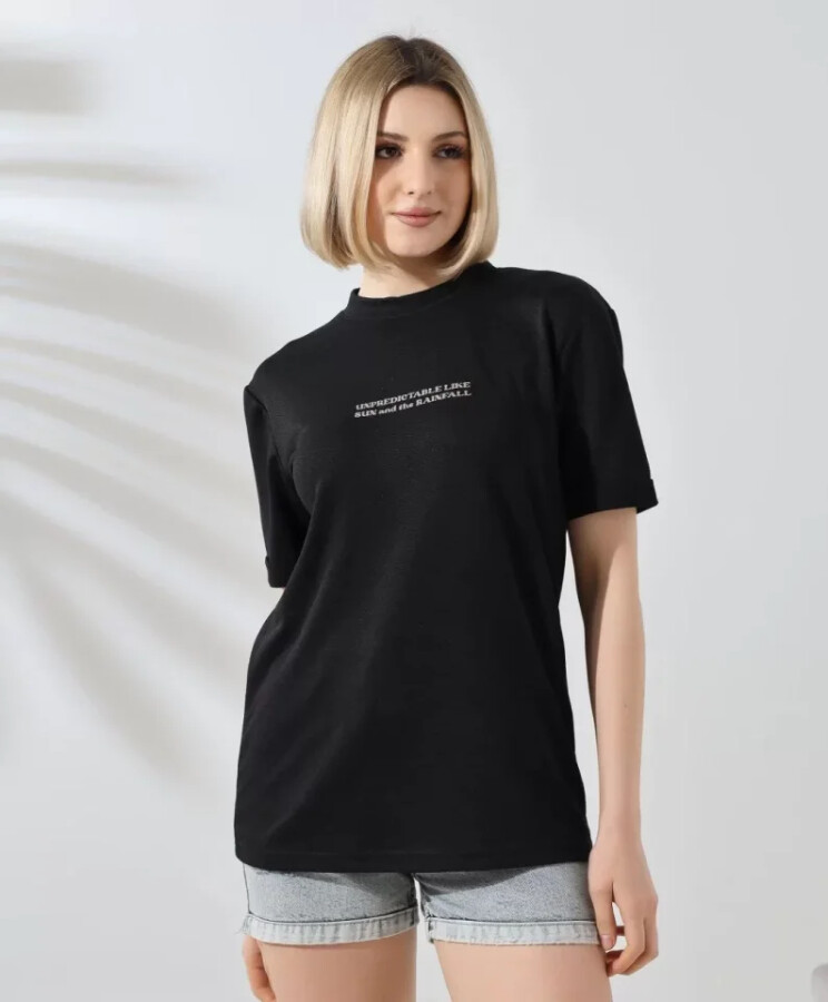 Unisex Bisiklet Yaka Baskılı Slim Fit T-Shirt - Siyah - ANGELINO BuyukBedeniz