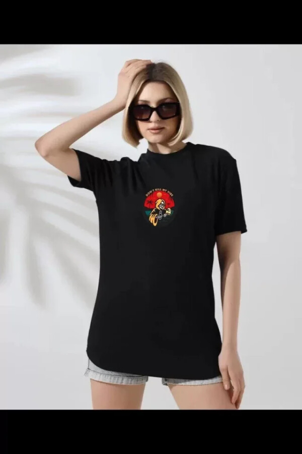 Unisex Bisiklet Yaka Baskılı T-Shirt - Siyah - ANGELINO BuyukBedeniz