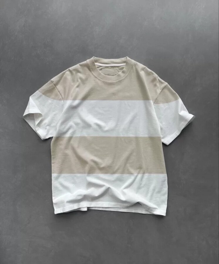 Unisex Bisiklet Yaka Parçalı T-Shirt - Bej - ANGELINO BuyukBedeniz