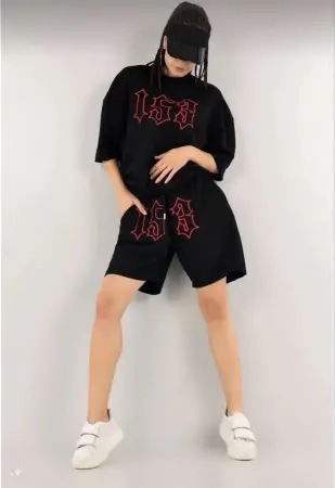 Unisex Nakış İşlemeli Şort Takım - Siyah - ANGELINO BuyukBedeniz (1)